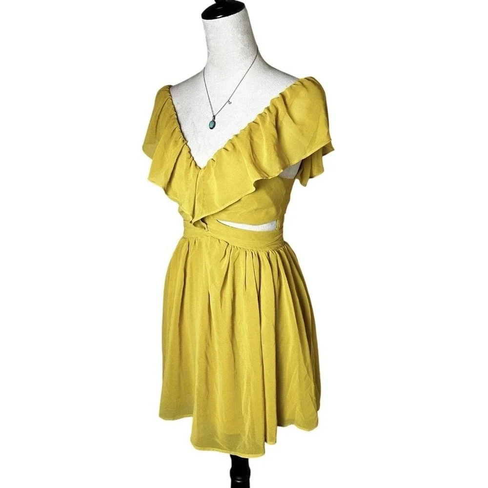 Keepsake the Label Mustard Yellow Ruffle Cutout Mini Dress 4 | Feminine Romantic
